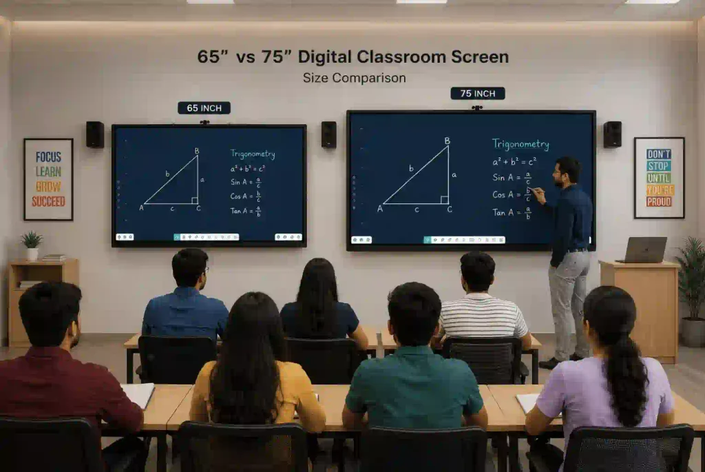 65-inch vs 75-inch Digital Classroom Screen size comparison in a classroom.