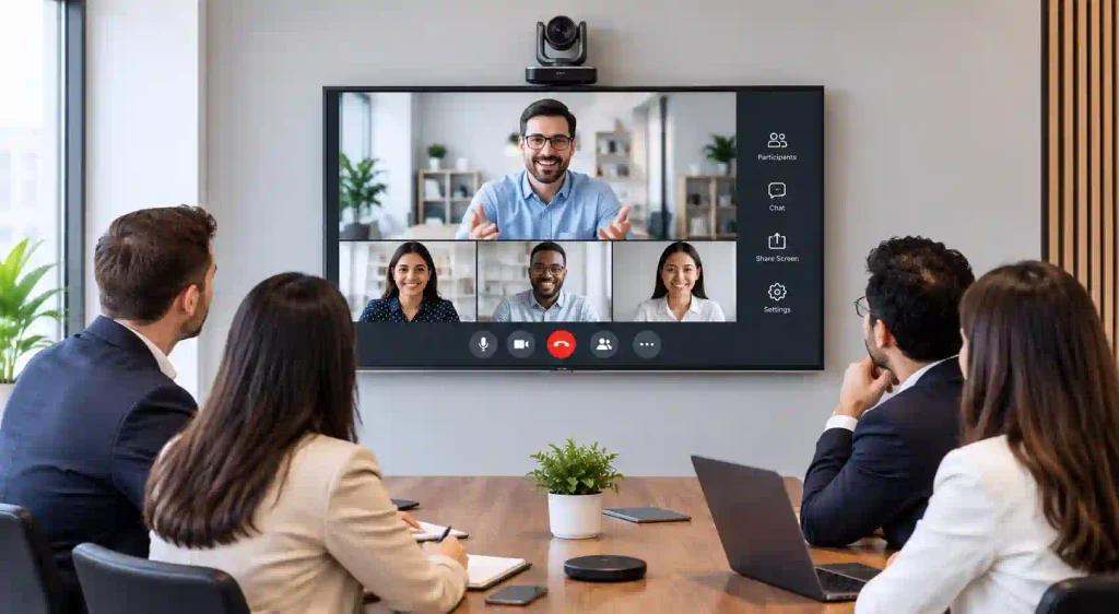 PTZ camera for video conferencing showing live meetings.