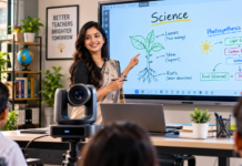Cheapest Camera for Teaching in India 2026: Best Budget Options for Online Classes Teacher using a camera for online teaching with a digital board in an Indian classroom