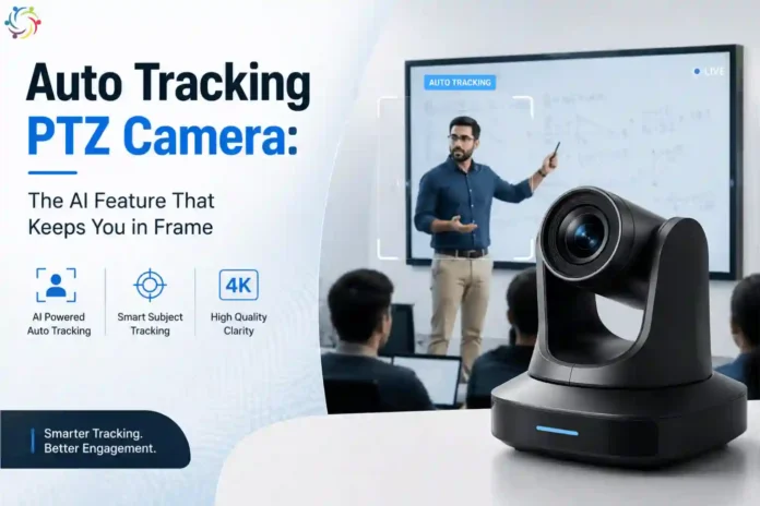 Auto tracking PTZ camera using AI to keep a presenter in frame during a classroom presentation