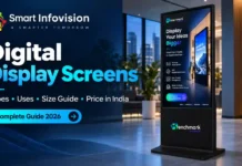 Digital Display Screens: Types, Uses, Size Guide & Price in India | Complete Guide 2026 Digital display screens for businesses, featuring a modern digital signage display and kiosk in India.