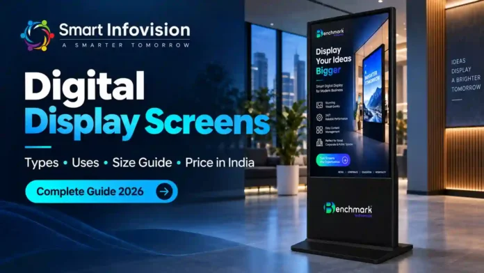 Digital Display Screens – Types, Uses, Size Guide & Price in India Digital display screens for businesses, featuring a modern digital signage display and kiosk in India.