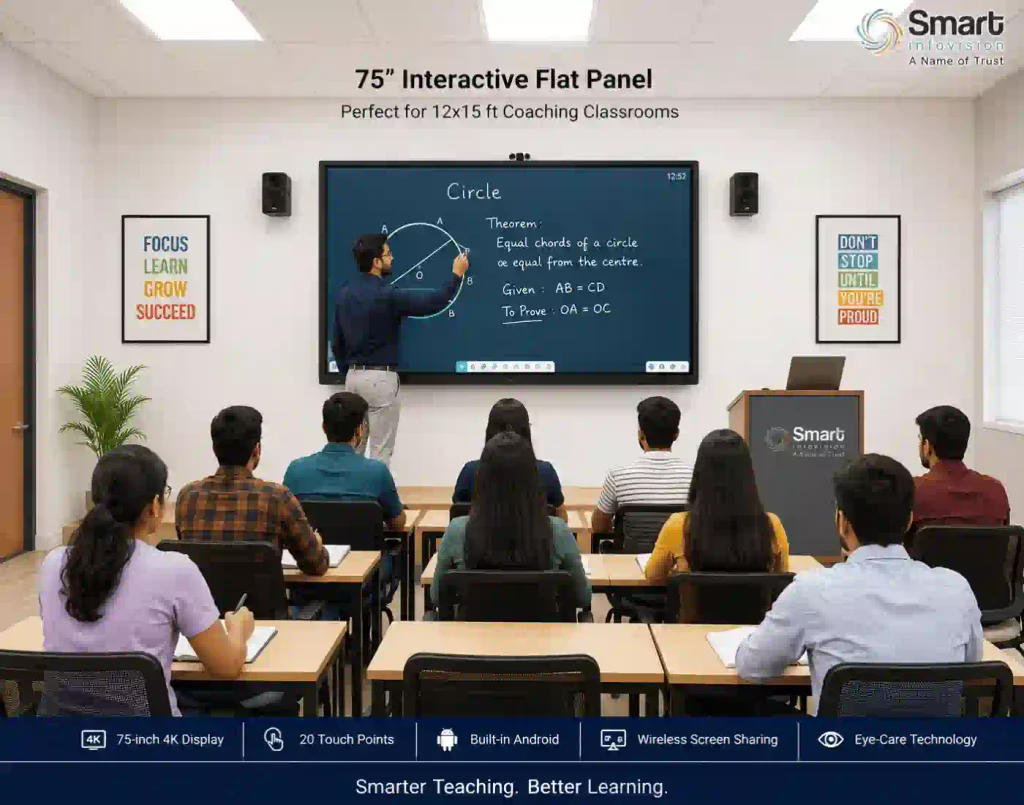 75-inch Digital Classroom Screen in a coaching classroom with teacher and students.