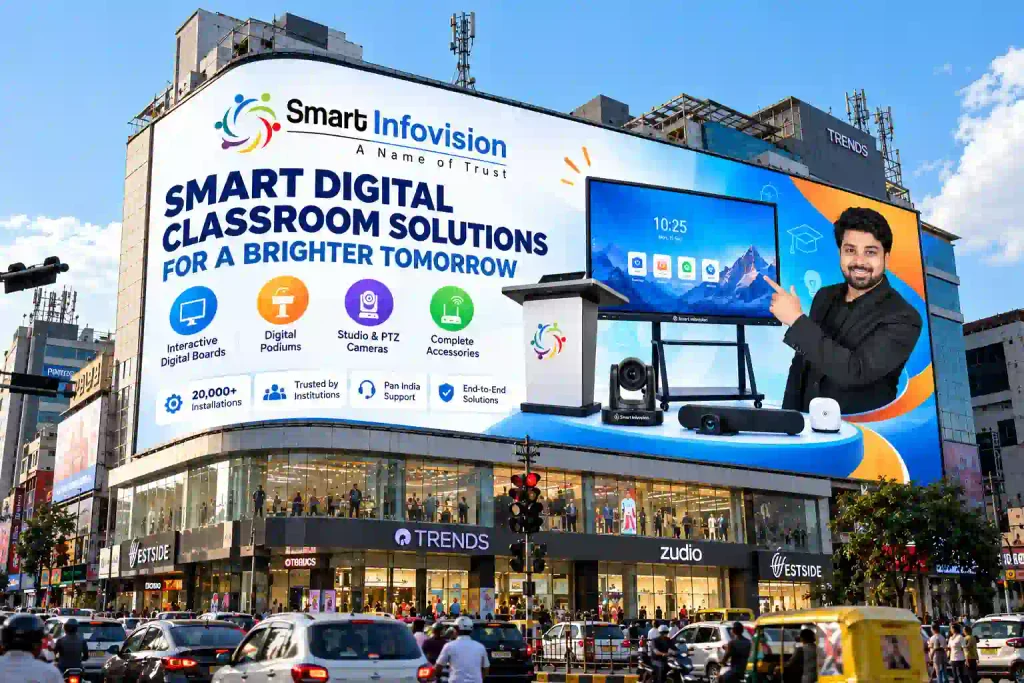 Outdoor Advertising LED Display Screen showcasing Smart Infovision digital classroom solutions on a large urban billboard.