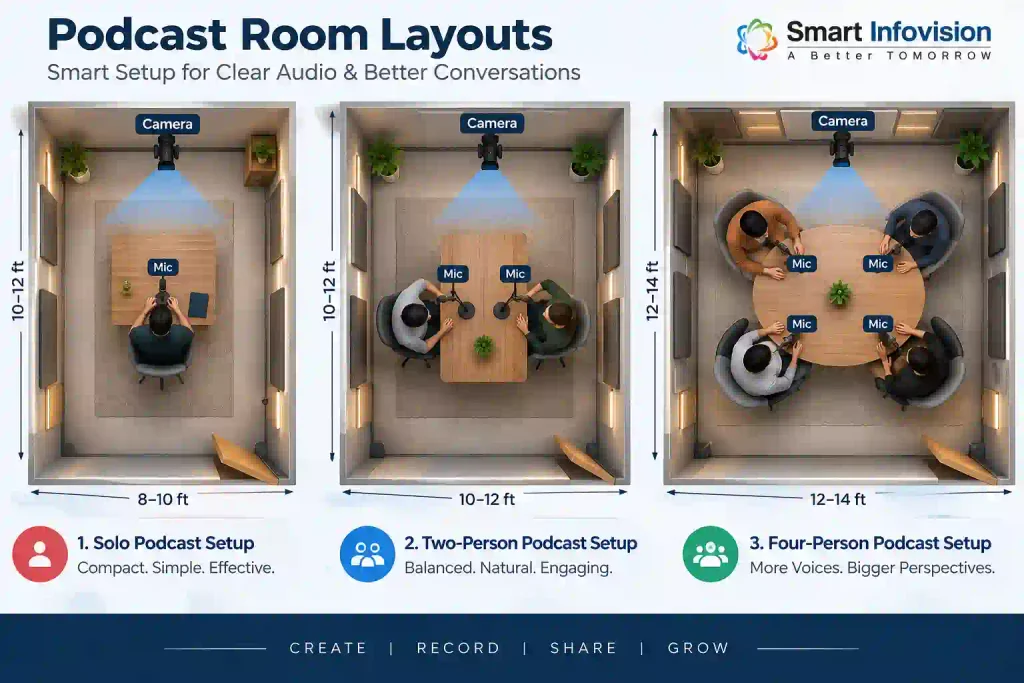 Podcast Room Setup – solo, 2-person and 4-person seating layouts with mic and camera positions