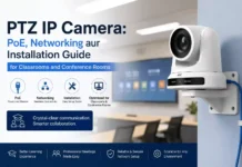 PTZ IP Camera: PoE, Networking aur Installation Guide for Classrooms and Conference Rooms PTZ IP camera with PoE networking setup for classrooms and conference rooms