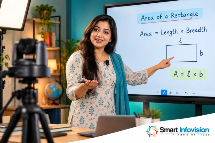 Smart Infovision branding ke saath camera for online classes aur digital board ka illustrative studio setup Smart Infovision branding ke saath camera for online classes aur digital board ka illustrative studio setup