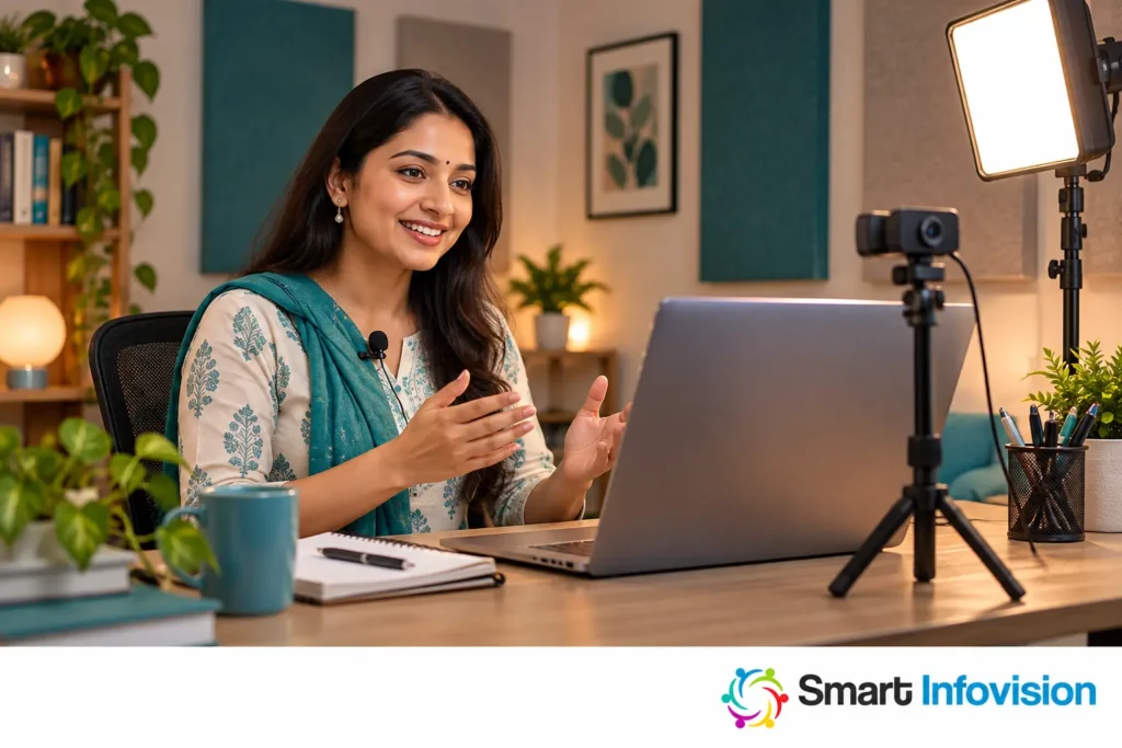 Online teacher ke desk setup mein webcam microphone aur soft lighting ka illustrative scene