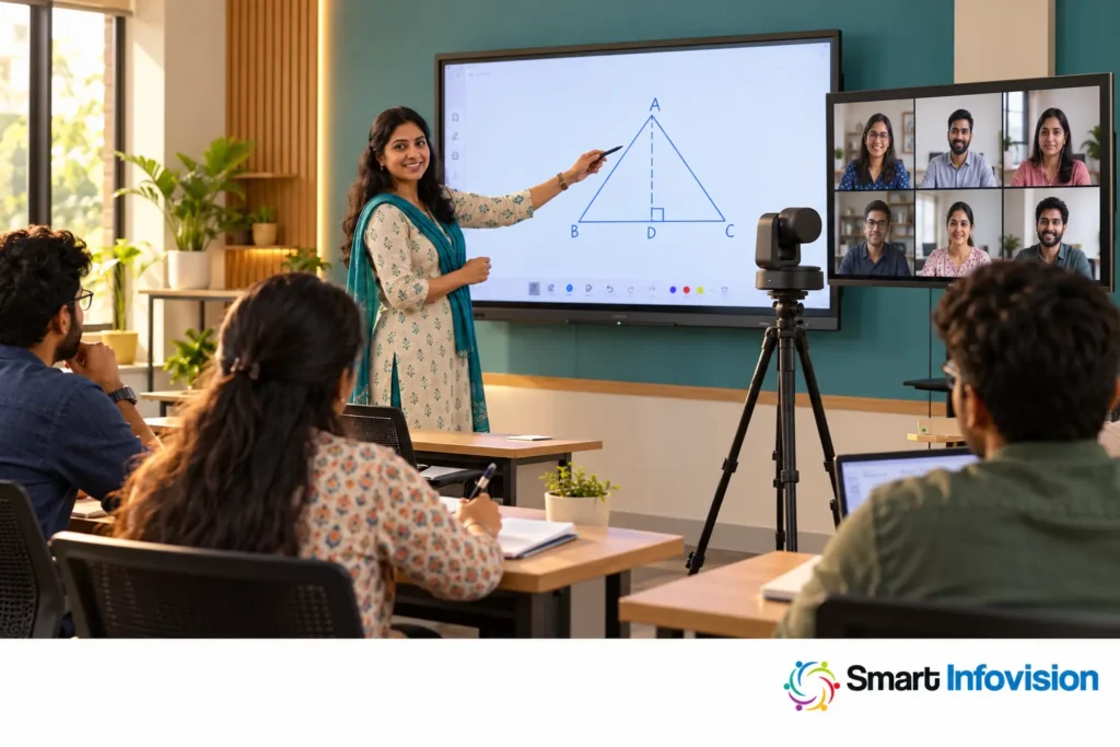 Hybrid classroom mein digital board aur PTZ camera ke saath teaching ka illustrative scene