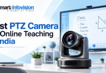 Best PTZ Camera for Online Teaching in India Best PTZ Camera for Online Teaching in India graphic featuring a Smart Infovision logo, a professional PTZ camera, and a digital teaching screen in the background.