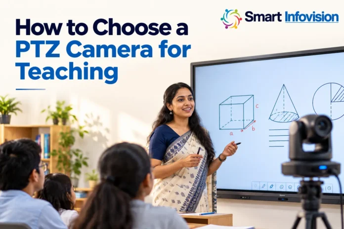 llustration of a teacher, digital board and PTZ camera with Smart Infovision branding llustration of a teacher, digital board and PTZ camera with Smart Infovision branding