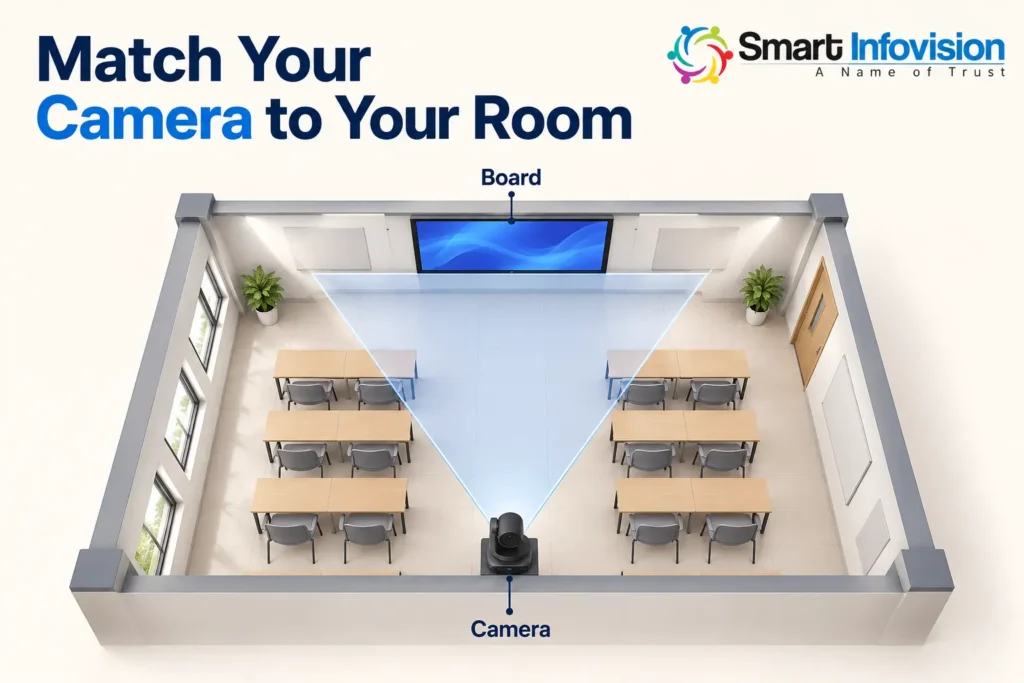 Illustration of a PTZ camera facing a teaching board with a triangle diagram and balanced lighting