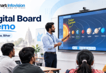Digital Board Demo in Gaya, Bihar – Live Demonstration for Schools, Teachers & Coaching Institutes Teacher testing an interactive digital board during a live classroom demonstration in Gaya Bihar