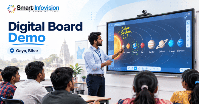 Digital Board Live Demo in Gaya Bihar – Smart Infovision Teacher testing an interactive digital board during a live classroom demonstration in Gaya Bihar