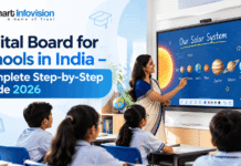 Digital Board for Schools in India – Complete Step-by-Step Guide 2026 Digital Board for Schools in India 2026 – Smart Infovision interactive smart board with teacher and students in a modern classroom.
