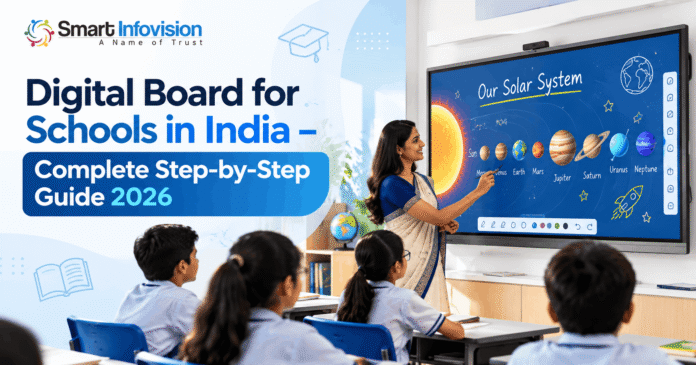 Digital Board for Schools in India 2026 – Smart Infovision interactive smart board with teacher and students in a modern classroom.