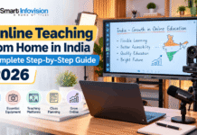 Online Teaching from Home in India – Complete Step-by-Step Guide 2026 Online Teaching from Home in India 2026 with Smart Infovision digital board, 4K PTZ camera, microphone, LED lighting and professional teaching studio setup.