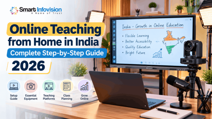 Online Teaching from Home in India 2026 with Smart Infovision digital board, 4K PTZ camera, microphone, LED lighting and professional teaching studio setup.
