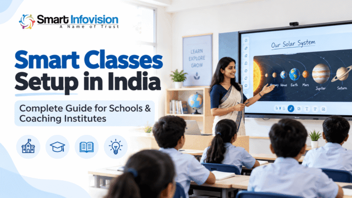 Smart Classes Setup in India – Complete Guide for Schools & Coaching Institutes | Smart Infovision Smart Classes Setup in India featuring an interactive digital board, modern classroom technology, teacher and students – Smart Infovision.