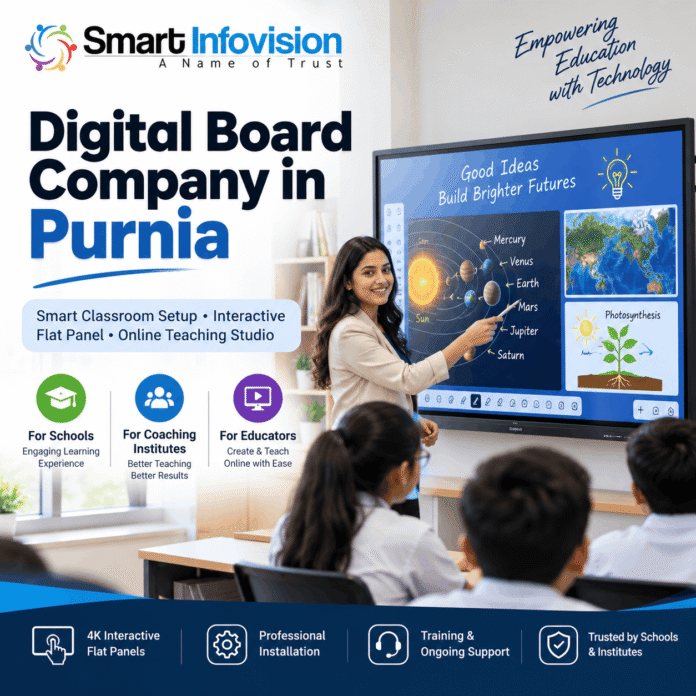 Smart Infovision Digital Board Company in Purnia offering interactive flat panels, smart classroom setup and online teaching studio solutions for schools and coaching institutes.