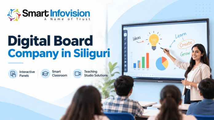 Hybrid Classroom Setup in Siliguri by Smart Infovision featuring interactive digital board, live online classes, PTZ camera and smart teaching solutions.