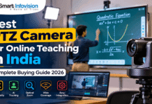 Best PTZ Camera for Online Teaching in India – Complete Buying Guide 2026 Best PTZ Camera for Online Teaching in India 2026 featuring a 4K PTZ camera, AI tracking, optical zoom, digital smart board, and professional teaching studio setup by Smart Infovision.