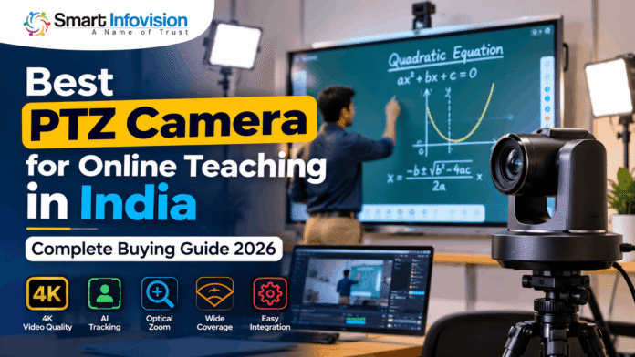 Best PTZ Camera for Online Teaching in India 2026 featuring a 4K PTZ camera, AI tracking, optical zoom, digital smart board, and professional teaching studio setup by Smart Infovision.