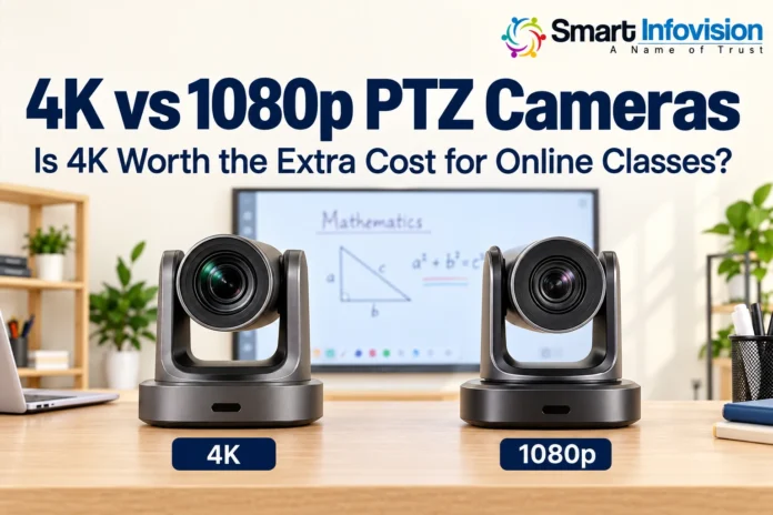 Illustration of two PTZ camera options labelled 4K and 1080p with Smart Infovision branding Illustration of two PTZ camera options labelled 4K and 1080p with Smart Infovision branding