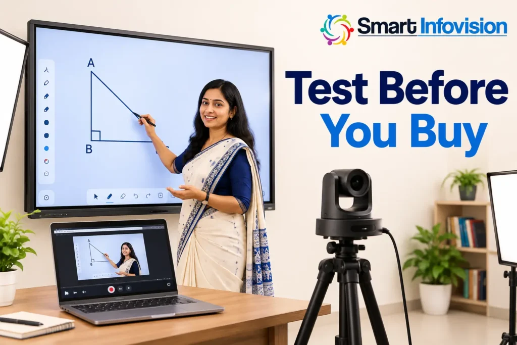 llustration of a teacher demonstrating board content for a PTZ camera and laptop recording setup