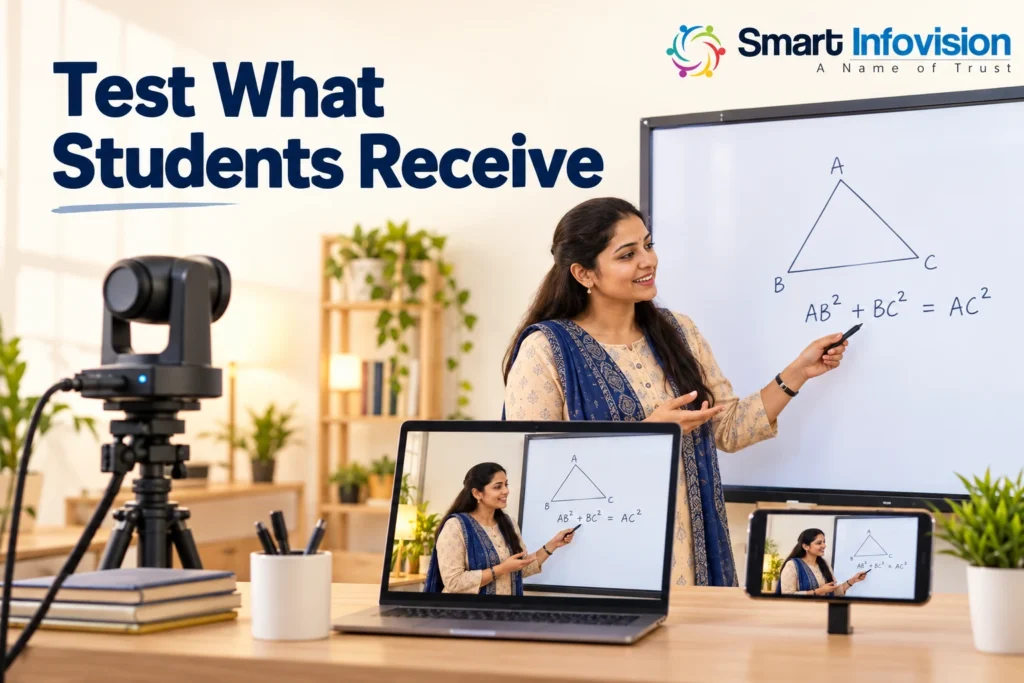 Illustration of a teaching lesson being checked on a laptop and phone with a PTZ camera nearby