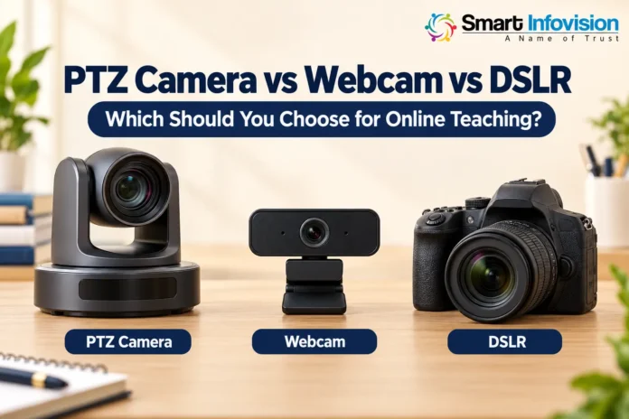 ptz-webcam-dslr-teaching-comparison. llustration comparing a PTZ camera, USB webcam and DSLR with Smart Infovision branding