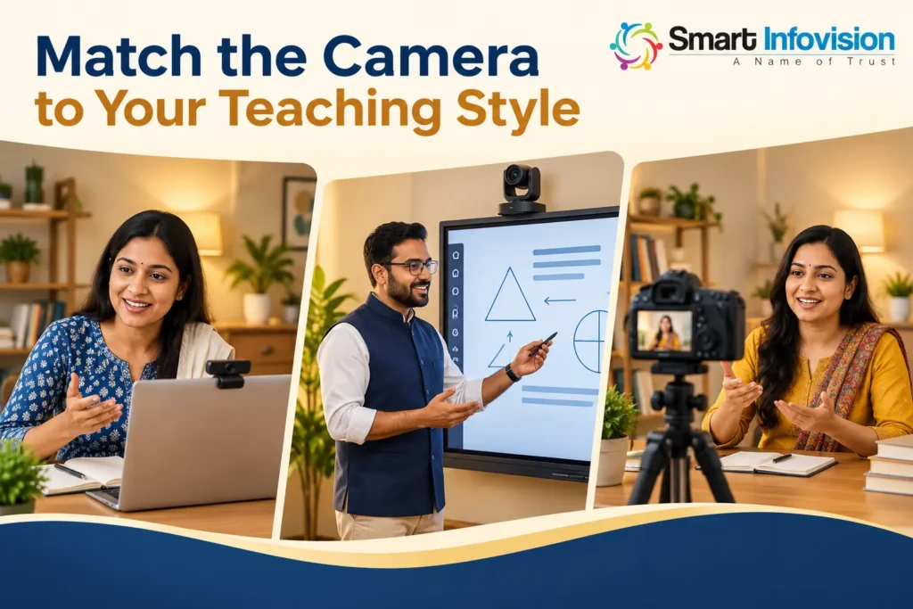 Illustration of webcam desk teaching, PTZ board teaching and DSLR course recording
