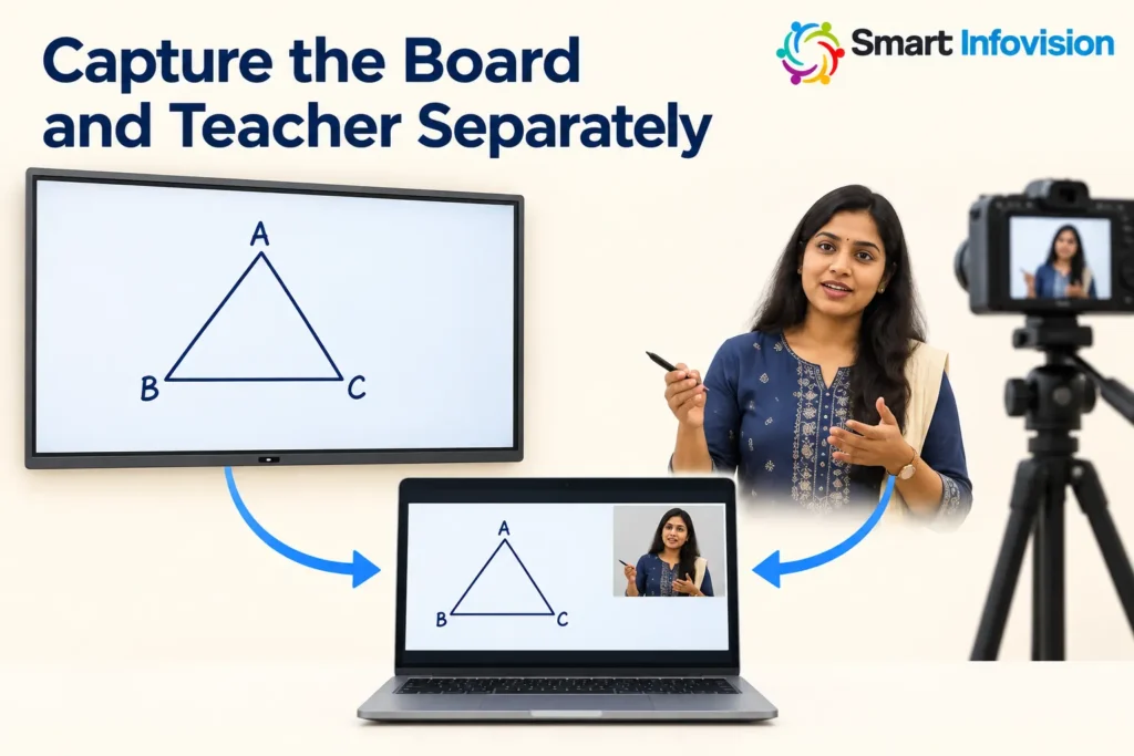 Illustration of a teacher, board and PTZ camera with the lesson being checked on a phone