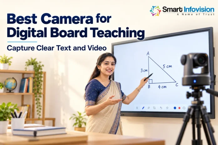 PTZ camera and Smart Infovision branding Illustration of a teacher beside a digital board with a PTZ camera and Smart Infovision branding